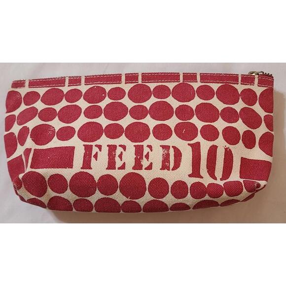 Feed 10 Clarins Cosmetic Makeup Bag 4.5x9 Beige Red Dots Canvas Travel Pouch EUC - Picture 1 of 5